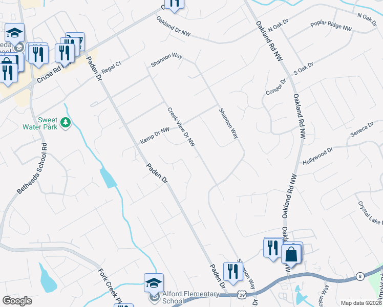 map of restaurants, bars, coffee shops, grocery stores, and more near 599 Creek View Drive Northwest in Lawrenceville