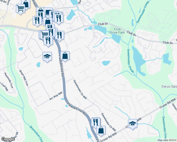 map of restaurants, bars, coffee shops, grocery stores, and more near 3546 Mount Vernon Court Northwest in Lawrenceville