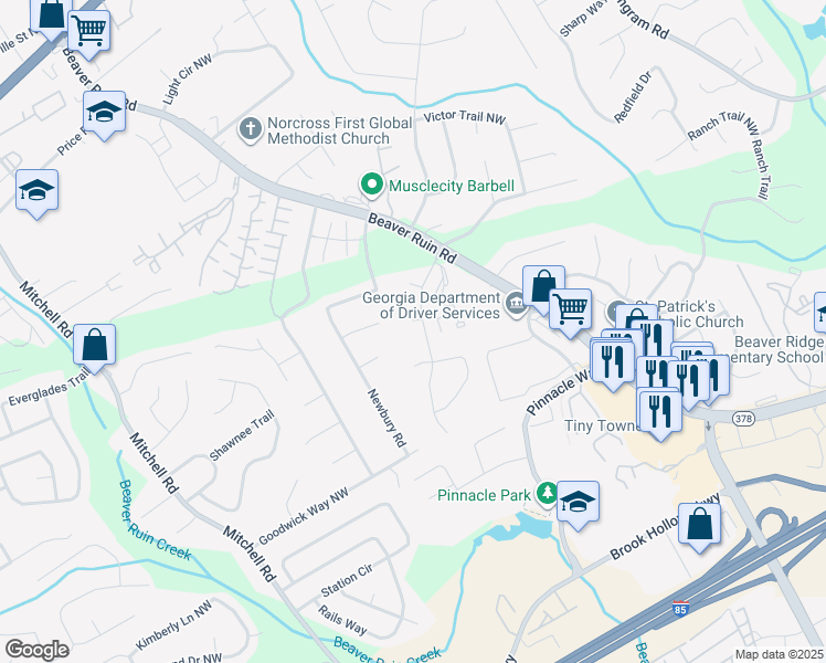 map of restaurants, bars, coffee shops, grocery stores, and more near 5307 Weyden Trail in Norcross