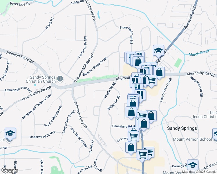 map of restaurants, bars, coffee shops, grocery stores, and more near 6596 Wright Road Northeast in Atlanta