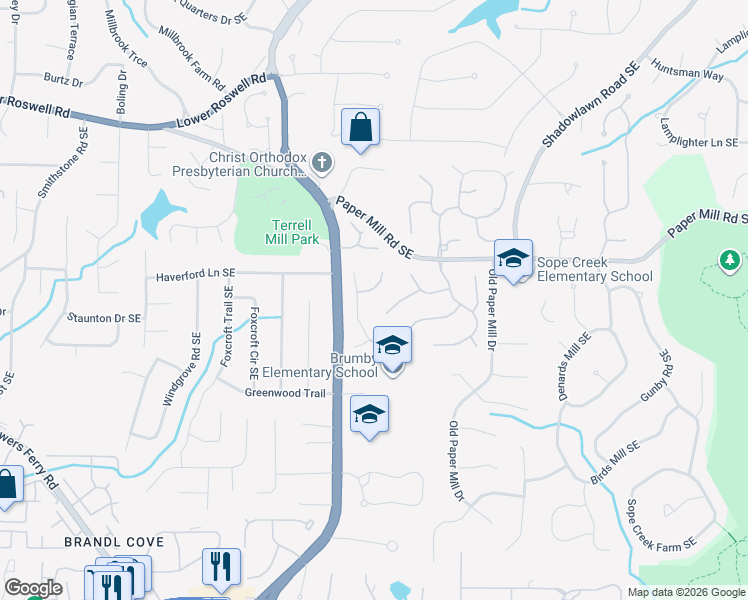map of restaurants, bars, coffee shops, grocery stores, and more near 3232 Waldwick Way Southeast in Marietta
