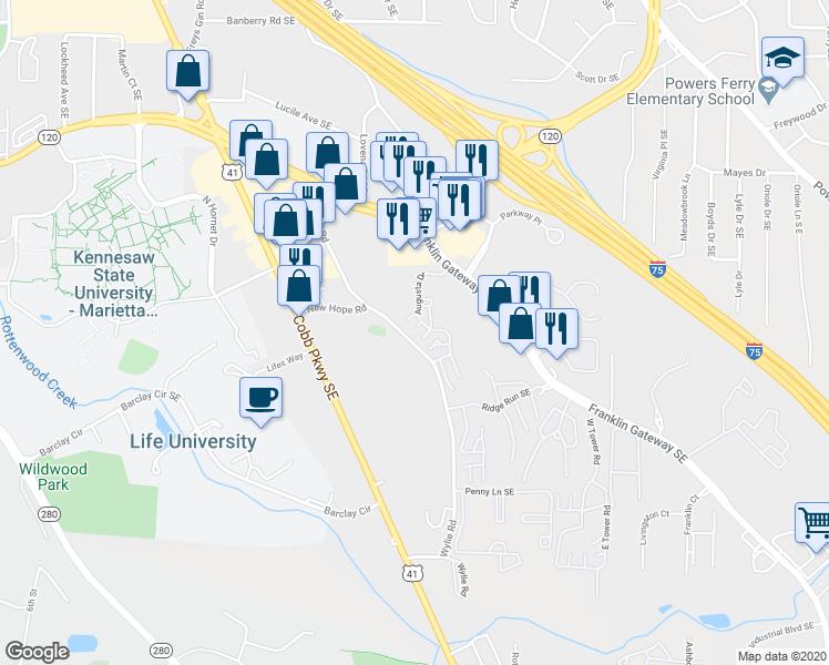 map of restaurants, bars, coffee shops, grocery stores, and more near 809 Augusta Drive in Marietta