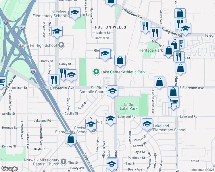 map of restaurants, bars, coffee shops, grocery stores, and more near 11753 Florence Avenue in Santa Fe Springs