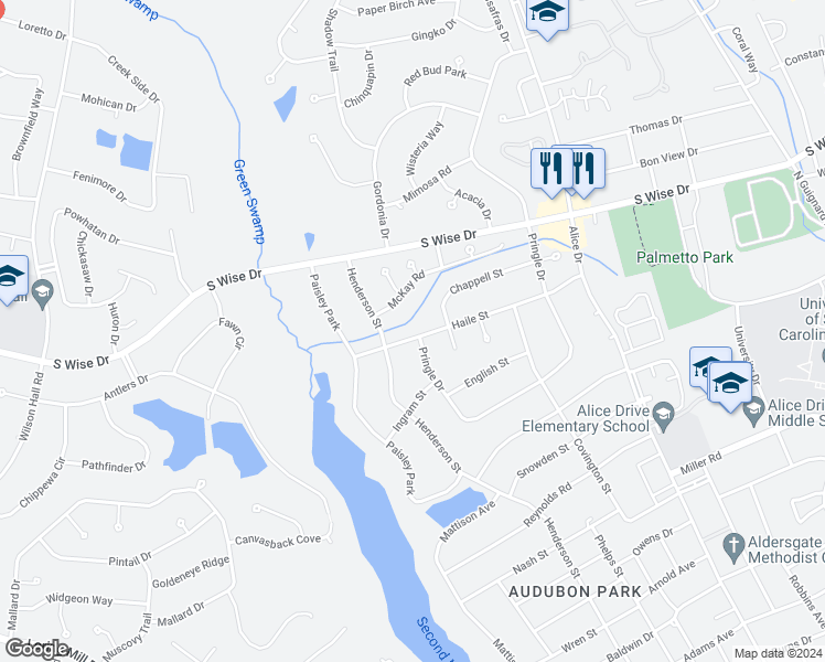 map of restaurants, bars, coffee shops, grocery stores, and more near 715 Haile Street in Sumter
