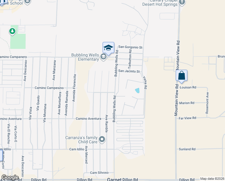 map of restaurants, bars, coffee shops, grocery stores, and more near 15515 Bubbling Wells Road in Desert Hot Springs