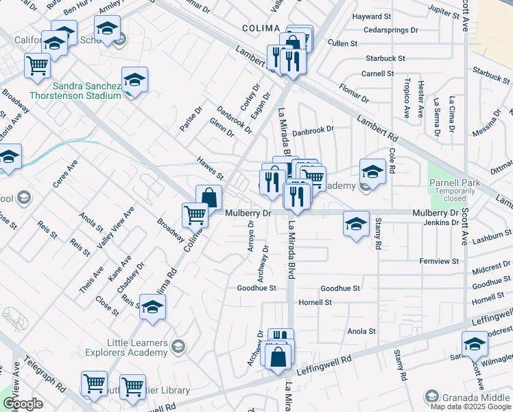 map of restaurants, bars, coffee shops, grocery stores, and more near 14865 Mulberry Drive in Whittier
