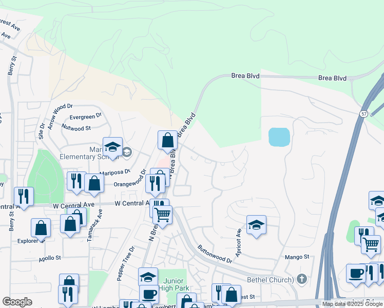 map of restaurants, bars, coffee shops, grocery stores, and more near 1116 Niguel Canyon Way in Brea