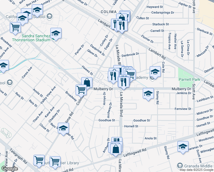 map of restaurants, bars, coffee shops, grocery stores, and more near 14865 Mulberry Drive in Whittier