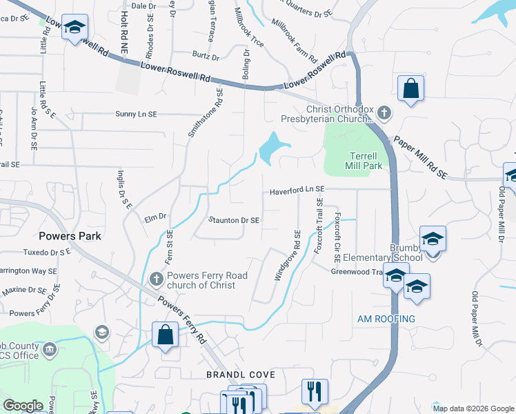 map of restaurants, bars, coffee shops, grocery stores, and more near 642 Grove Parkway Southeast in Marietta
