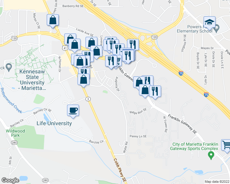 map of restaurants, bars, coffee shops, grocery stores, and more near 809 Augusta Drive in Marietta