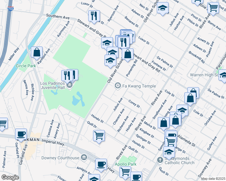 map of restaurants, bars, coffee shops, grocery stores, and more near 12118 Old River School Road in Downey