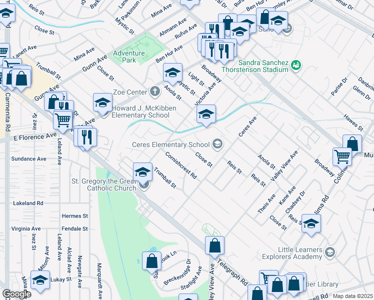 map of restaurants, bars, coffee shops, grocery stores, and more near 14182 Close Street in Whittier