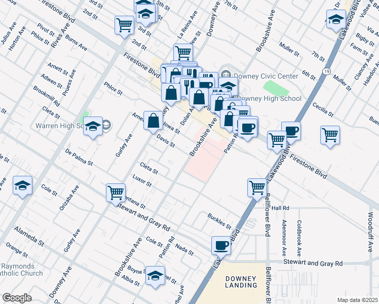map of restaurants, bars, coffee shops, grocery stores, and more near 11525 Brookshire Avenue in Downey
