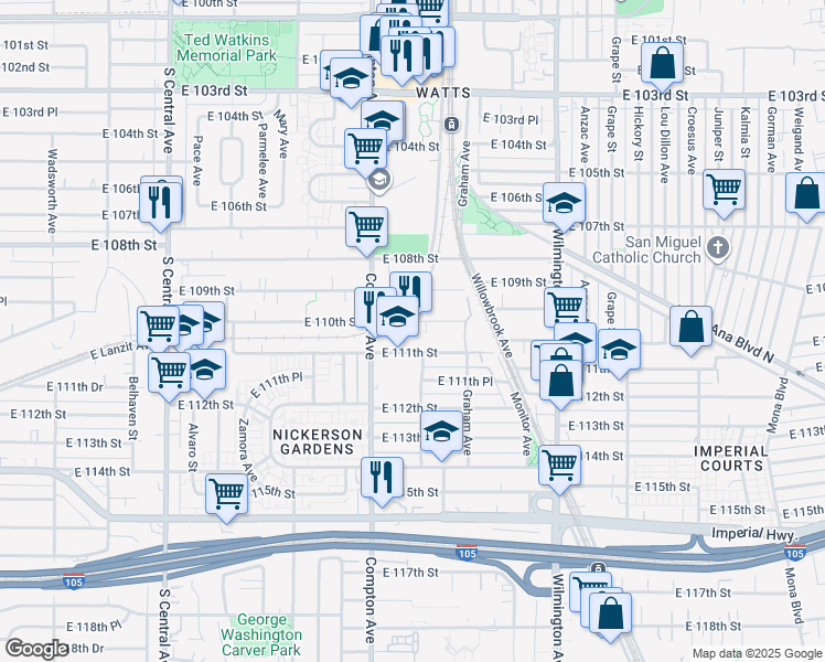 map of restaurants, bars, coffee shops, grocery stores, and more near 1640 East 110th Street in Los Angeles