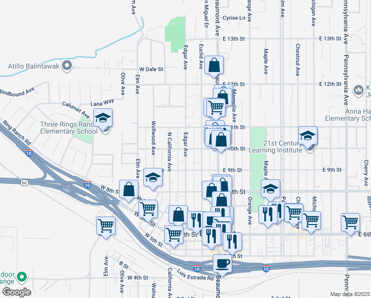 map of restaurants, bars, coffee shops, grocery stores, and more near Edgar Avenue in Beaumont