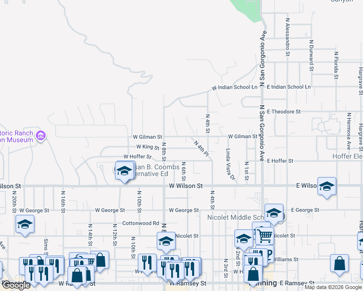 map of restaurants, bars, coffee shops, grocery stores, and more near 720 West Gilman Street in Banning