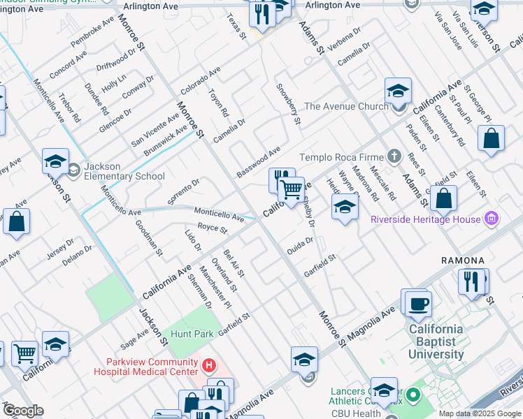 map of restaurants, bars, coffee shops, grocery stores, and more near in Riverside