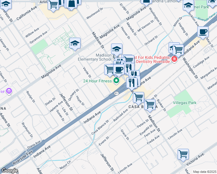 map of restaurants, bars, coffee shops, grocery stores, and more near 3505 Cortez Street in Riverside