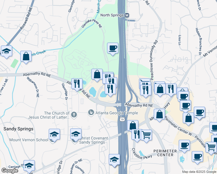 map of restaurants, bars, coffee shops, grocery stores, and more near 3 Glenlake Parkway Northeast in Sandy Springs