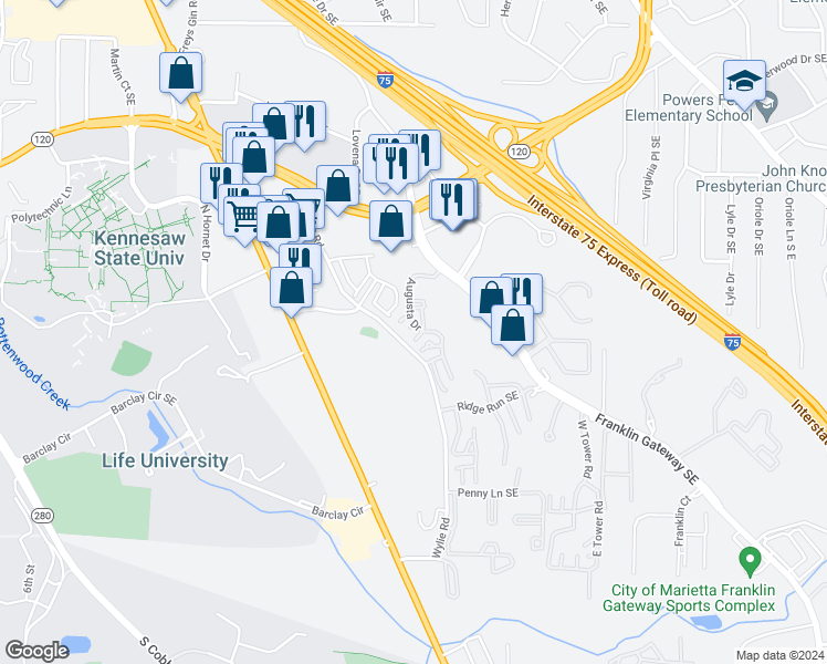 map of restaurants, bars, coffee shops, grocery stores, and more near 701 Augusta Drive in Marietta