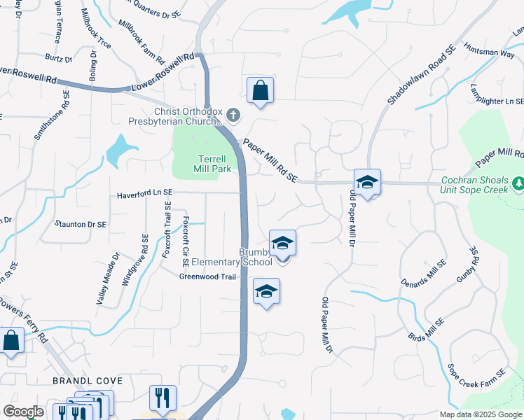 map of restaurants, bars, coffee shops, grocery stores, and more near 3265 Belmont Glen Drive Southeast in Marietta