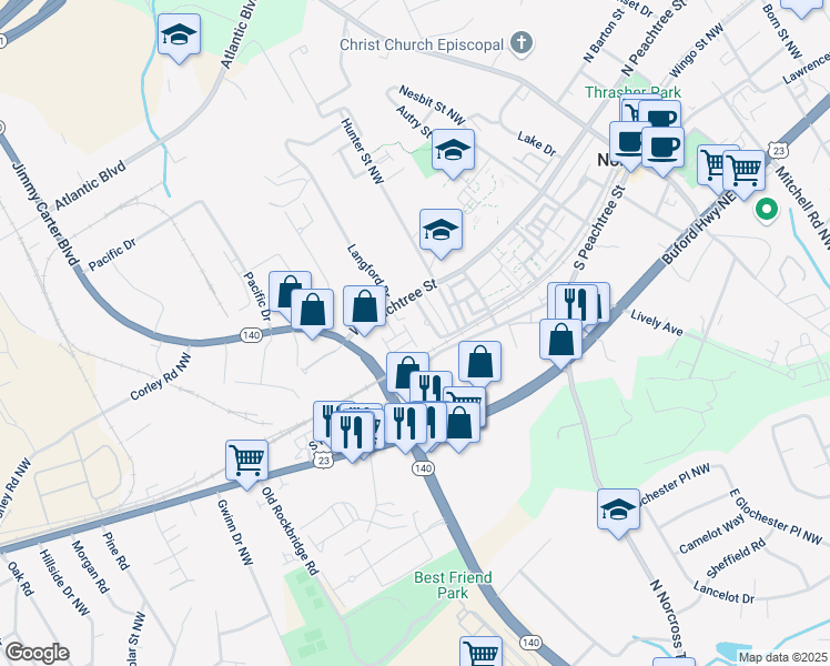 map of restaurants, bars, coffee shops, grocery stores, and more near 2655 Sarah Carlin Court in Norcross