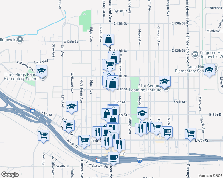 map of restaurants, bars, coffee shops, grocery stores, and more near 404 East 10th Street in Beaumont