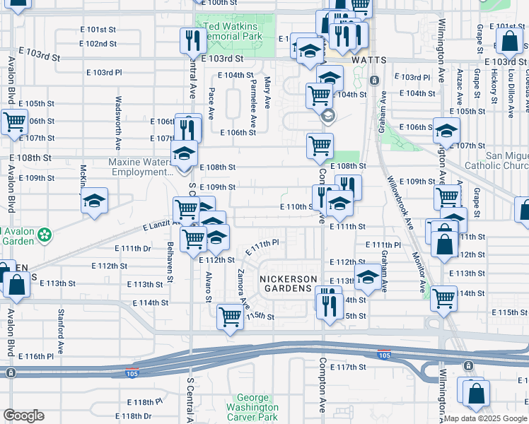 map of restaurants, bars, coffee shops, grocery stores, and more near 1423 East 110th Street in Los Angeles