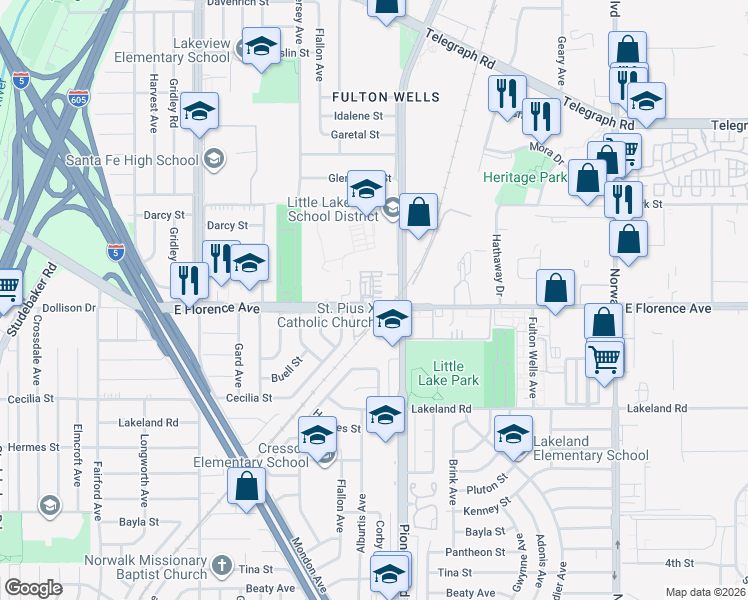map of restaurants, bars, coffee shops, grocery stores, and more near 11733 Florence Avenue in Santa Fe Springs