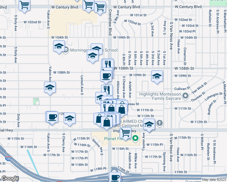 map of restaurants, bars, coffee shops, grocery stores, and more near 11008 Crenshaw Boulevard in Inglewood