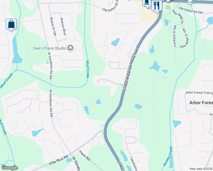 map of restaurants, bars, coffee shops, grocery stores, and more near 2725 Bolton Abbey Drive Southwest in Marietta