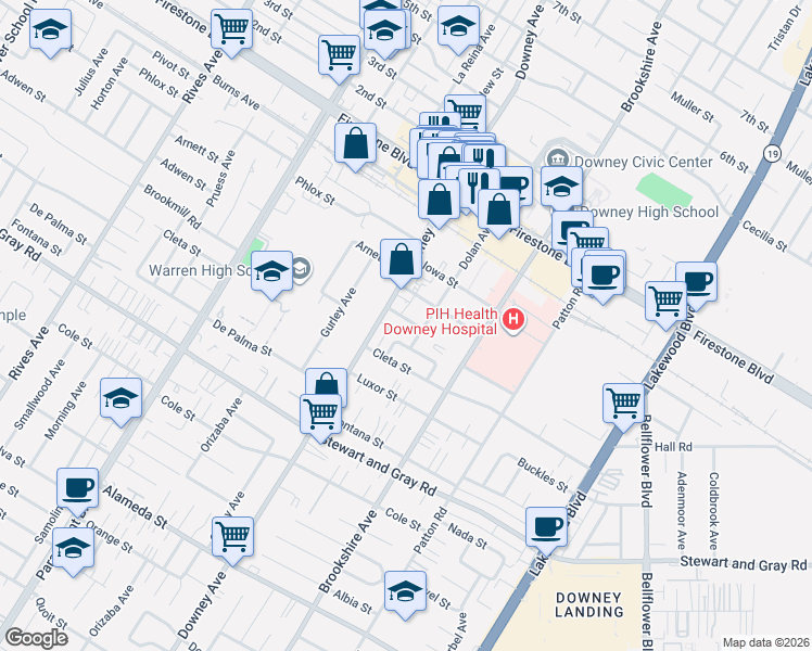 map of restaurants, bars, coffee shops, grocery stores, and more near 8328 Texas Street in Downey