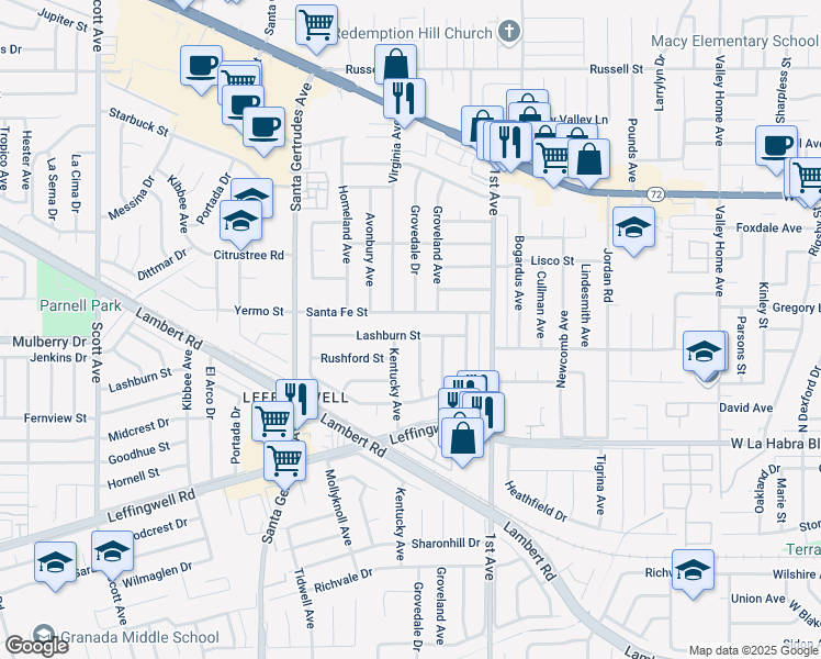 map of restaurants, bars, coffee shops, grocery stores, and more near 16024 Santa Fe Street in Whittier
