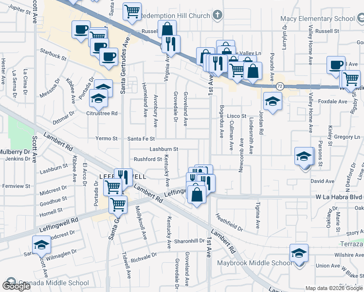 map of restaurants, bars, coffee shops, grocery stores, and more near 16043 Lashburn Street in Whittier