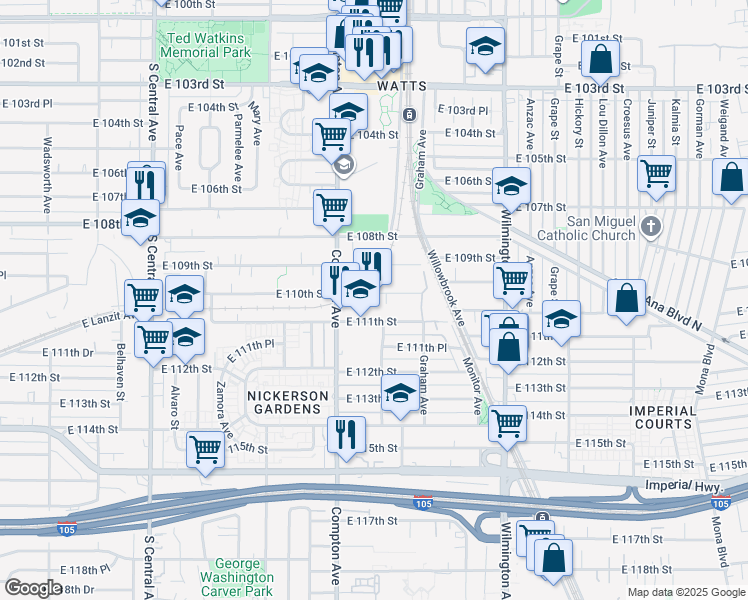 map of restaurants, bars, coffee shops, grocery stores, and more near 1640 East 110th Street in Los Angeles