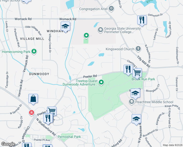 map of restaurants, bars, coffee shops, grocery stores, and more near 2218 Peeler Road in Dunwoody