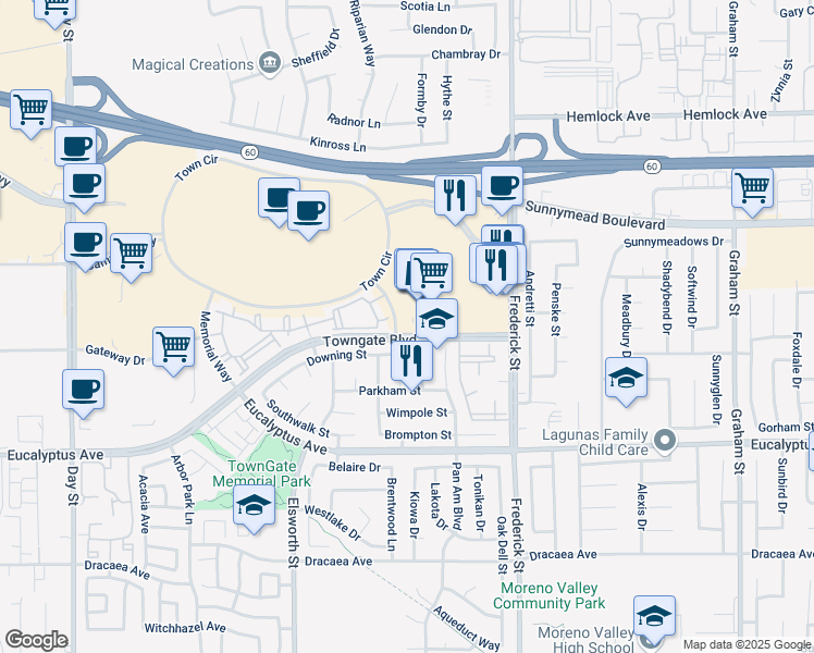 map of restaurants, bars, coffee shops, grocery stores, and more near 12625 Frederick Street in Moreno Valley