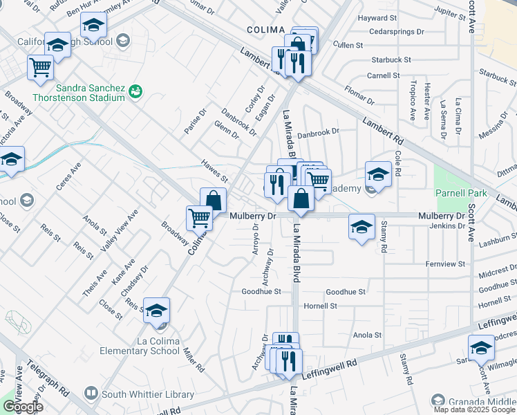 map of restaurants, bars, coffee shops, grocery stores, and more near 14863 Mulberry Drive in Whittier