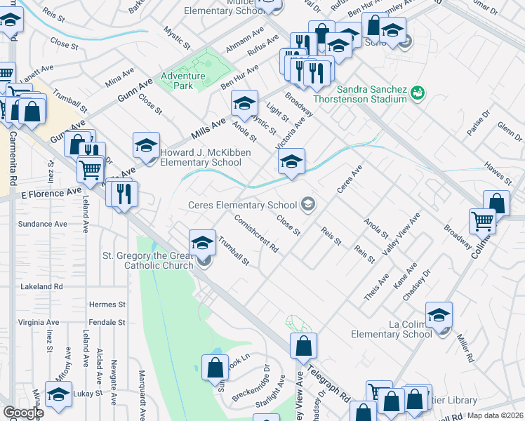 map of restaurants, bars, coffee shops, grocery stores, and more near 5165 Whittier Boulevard in East Los Angeles