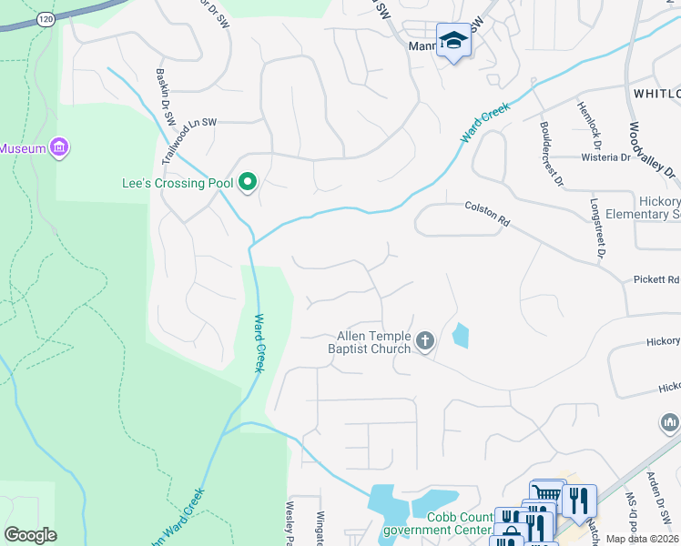 map of restaurants, bars, coffee shops, grocery stores, and more near 998 Chestnut Hill Road Southwest in Marietta