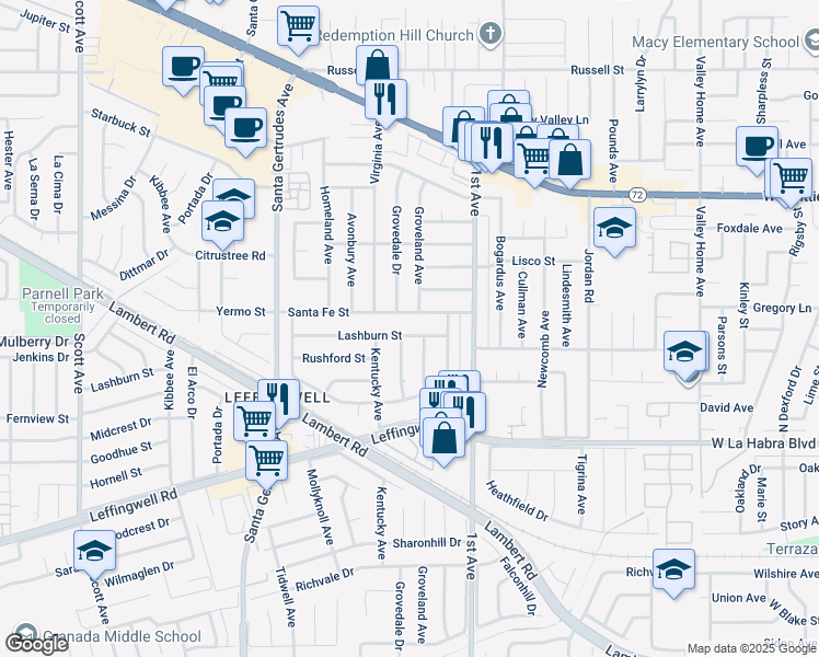 map of restaurants, bars, coffee shops, grocery stores, and more near 16043 Lashburn Street in Whittier