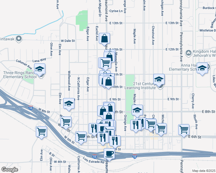 map of restaurants, bars, coffee shops, grocery stores, and more near 1025 Beaumont Avenue in Beaumont