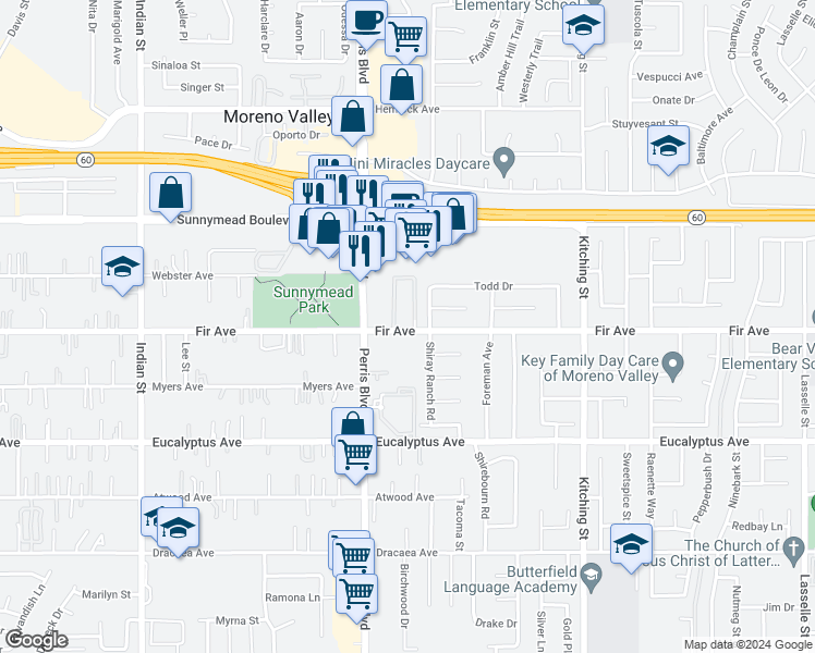 map of restaurants, bars, coffee shops, grocery stores, and more near 25070 Fir Avenue in Moreno Valley