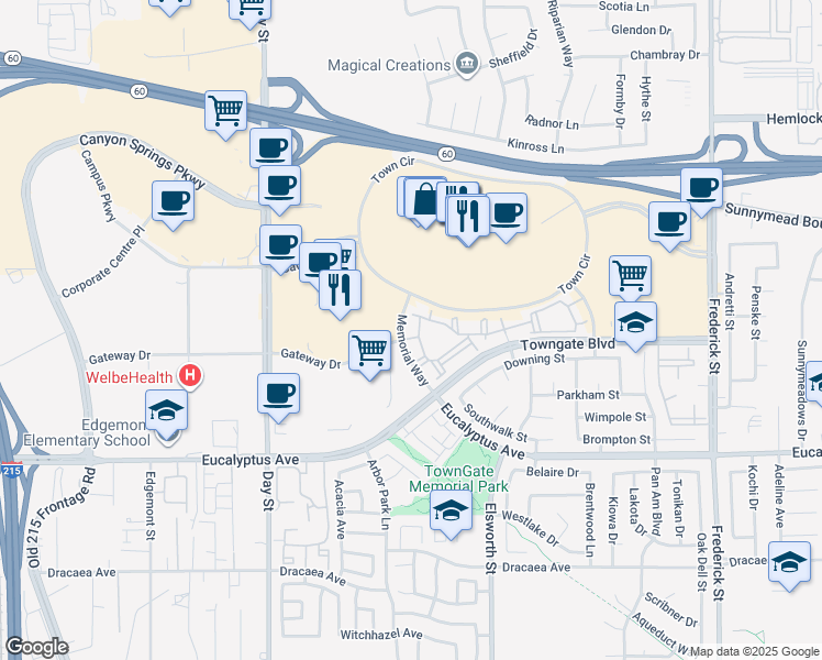 map of restaurants, bars, coffee shops, grocery stores, and more near in Moreno Valley