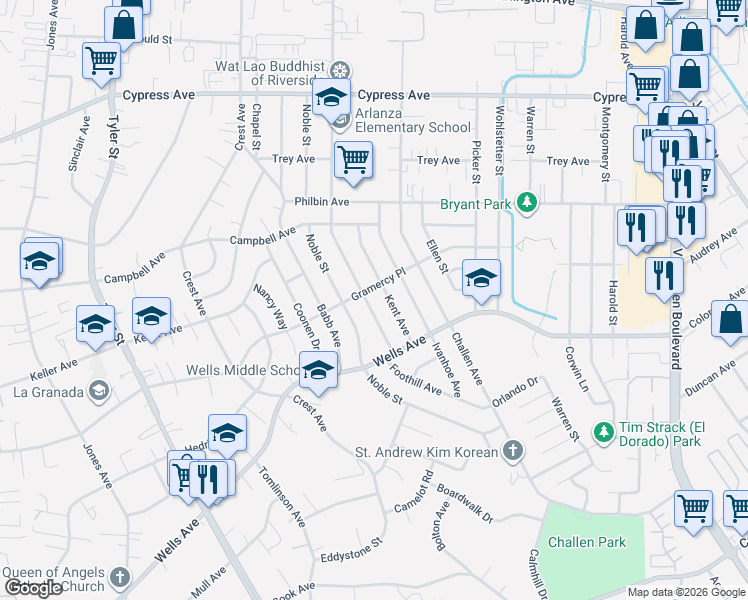 map of restaurants, bars, coffee shops, grocery stores, and more near 5415 Kent Avenue in Riverside