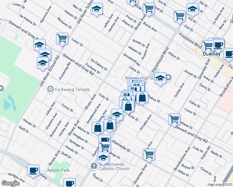 map of restaurants, bars, coffee shops, grocery stores, and more near 7871 Stewart and Gray Road in Downey