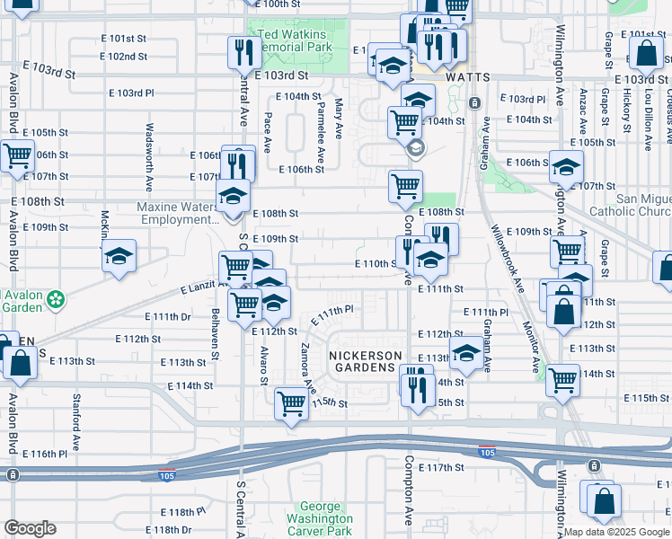 map of restaurants, bars, coffee shops, grocery stores, and more near 1423 East 110th Street in Los Angeles