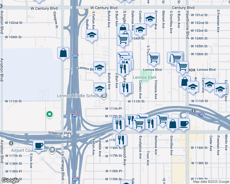 map of restaurants, bars, coffee shops, grocery stores, and more near 11002 South Burl Avenue in Inglewood