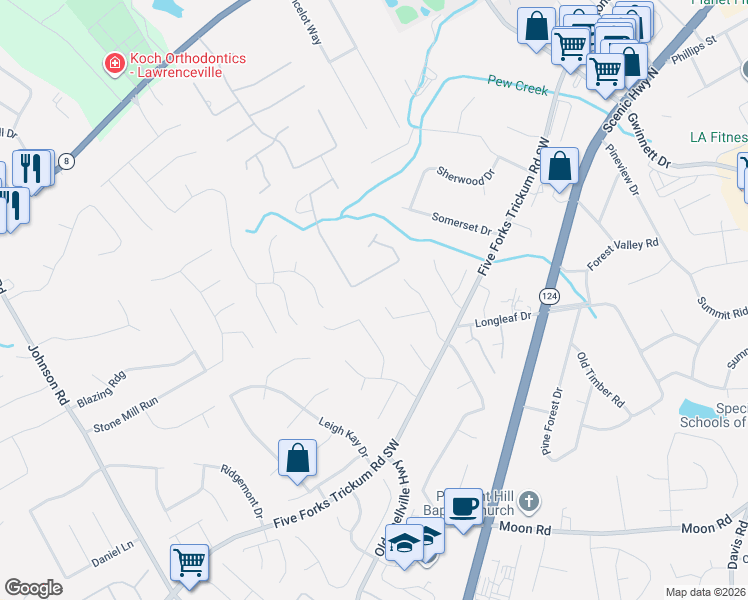 map of restaurants, bars, coffee shops, grocery stores, and more near 331 Sarah Lane in Lawrenceville