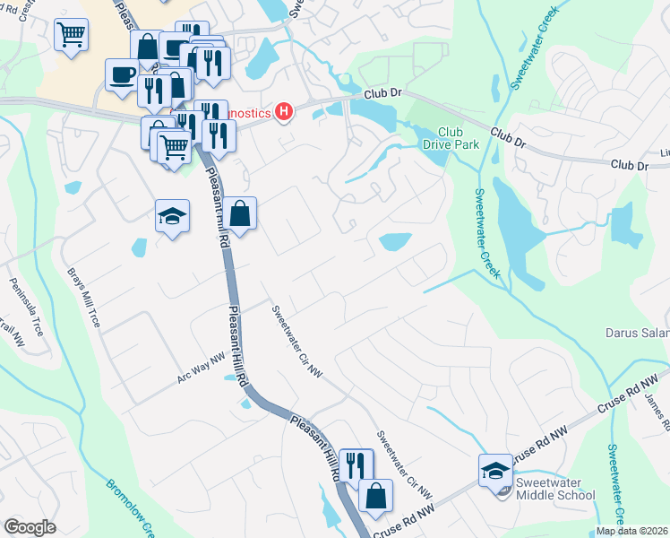 map of restaurants, bars, coffee shops, grocery stores, and more near 3536 Mount Vernon Court Northwest in Lawrenceville